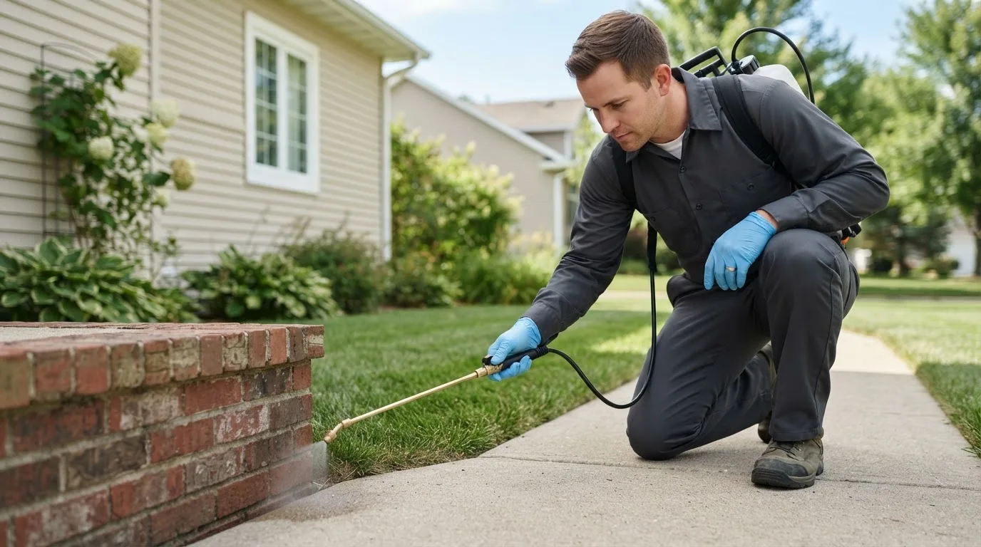Pest control technician treating a home near Newbury, OH
